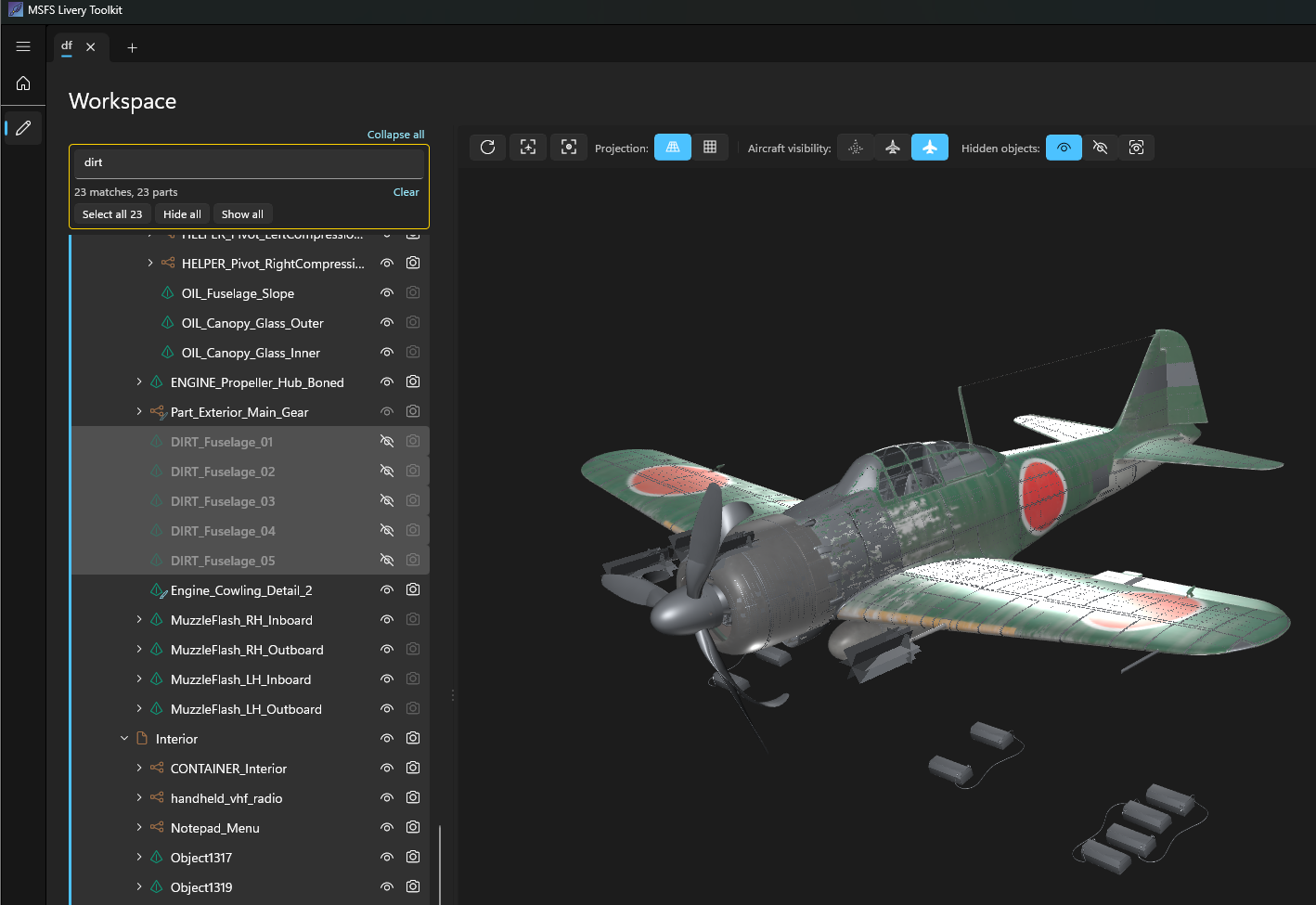 Find in aircraft model, with several matching parts outlined in the viewport