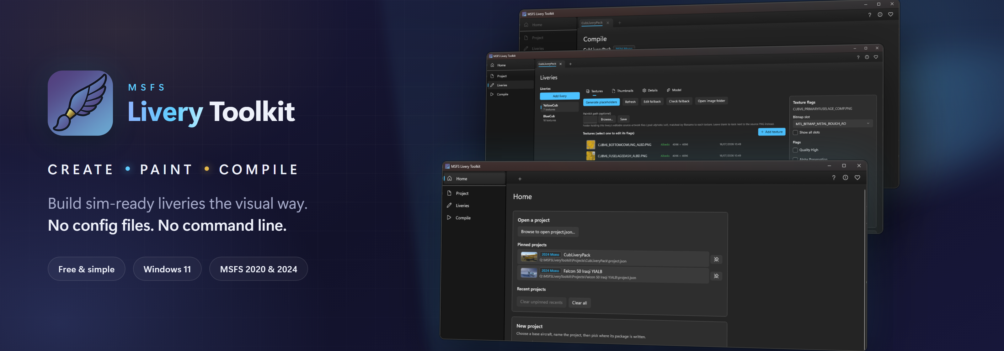 MSFS Livery Toolkit: create, paint, and compile MSFS liveries with no config files and no command line