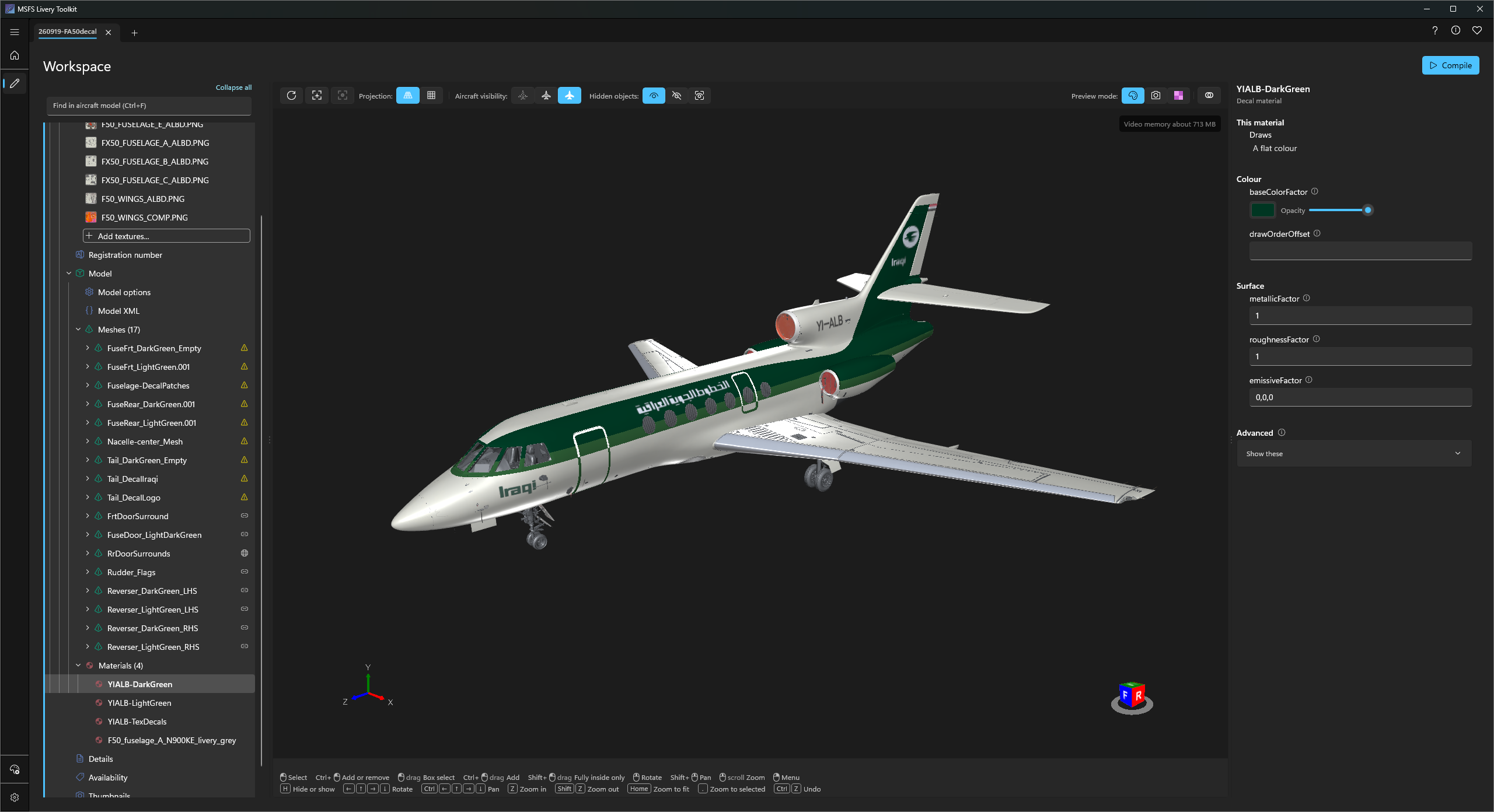 A decal material selected, with its colour and surface settings
