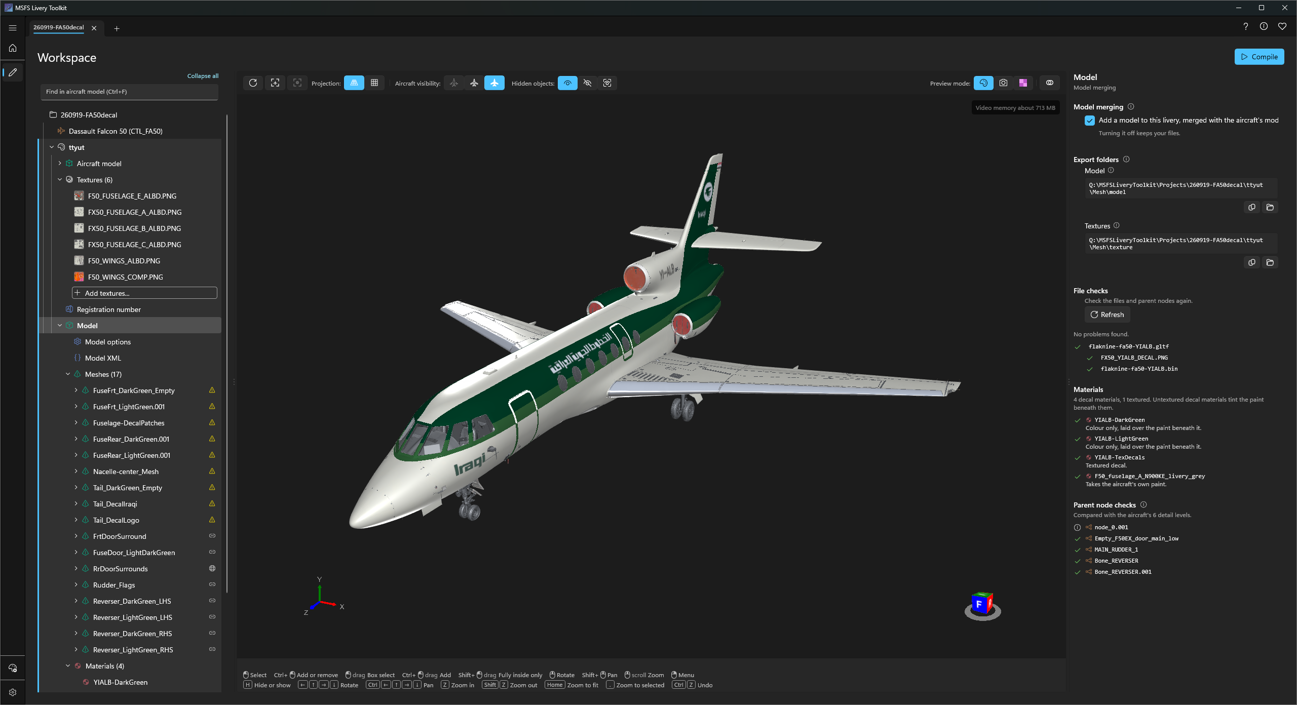The Model node selected: export folders, file checks and parent node checks on the right, and the livery's model drawn on the aircraft