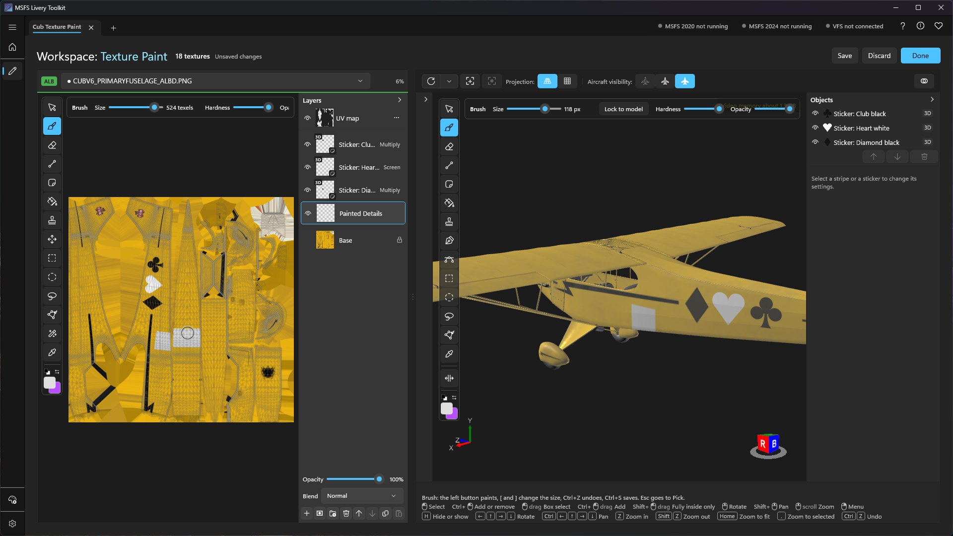 Texture Paint: the 2D texture on the left with its Layers strip, and the aircraft in 3D on the right with its Objects strip