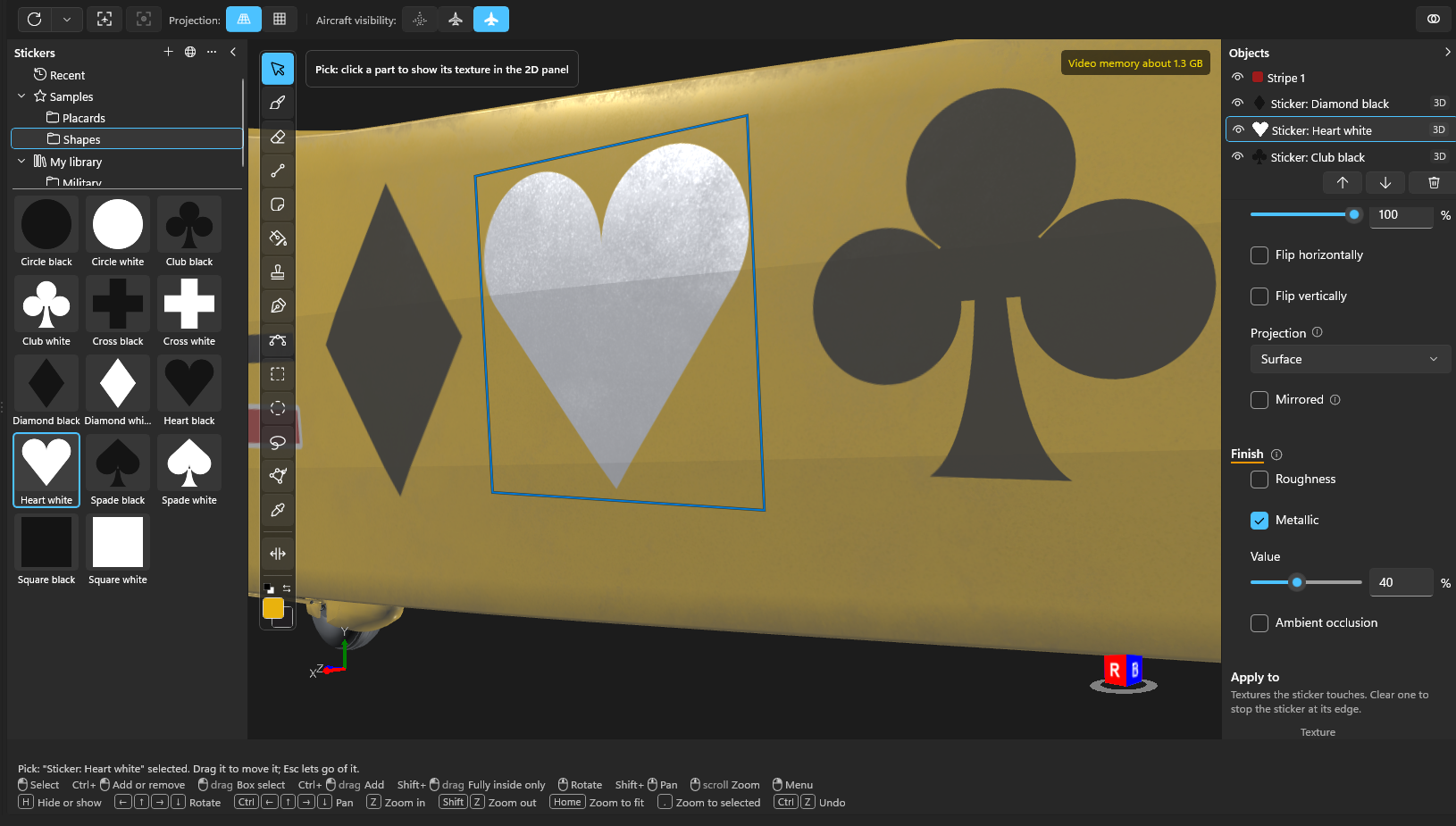 The sticker library on the left of the viewport, with a sticker placed on the fuselage