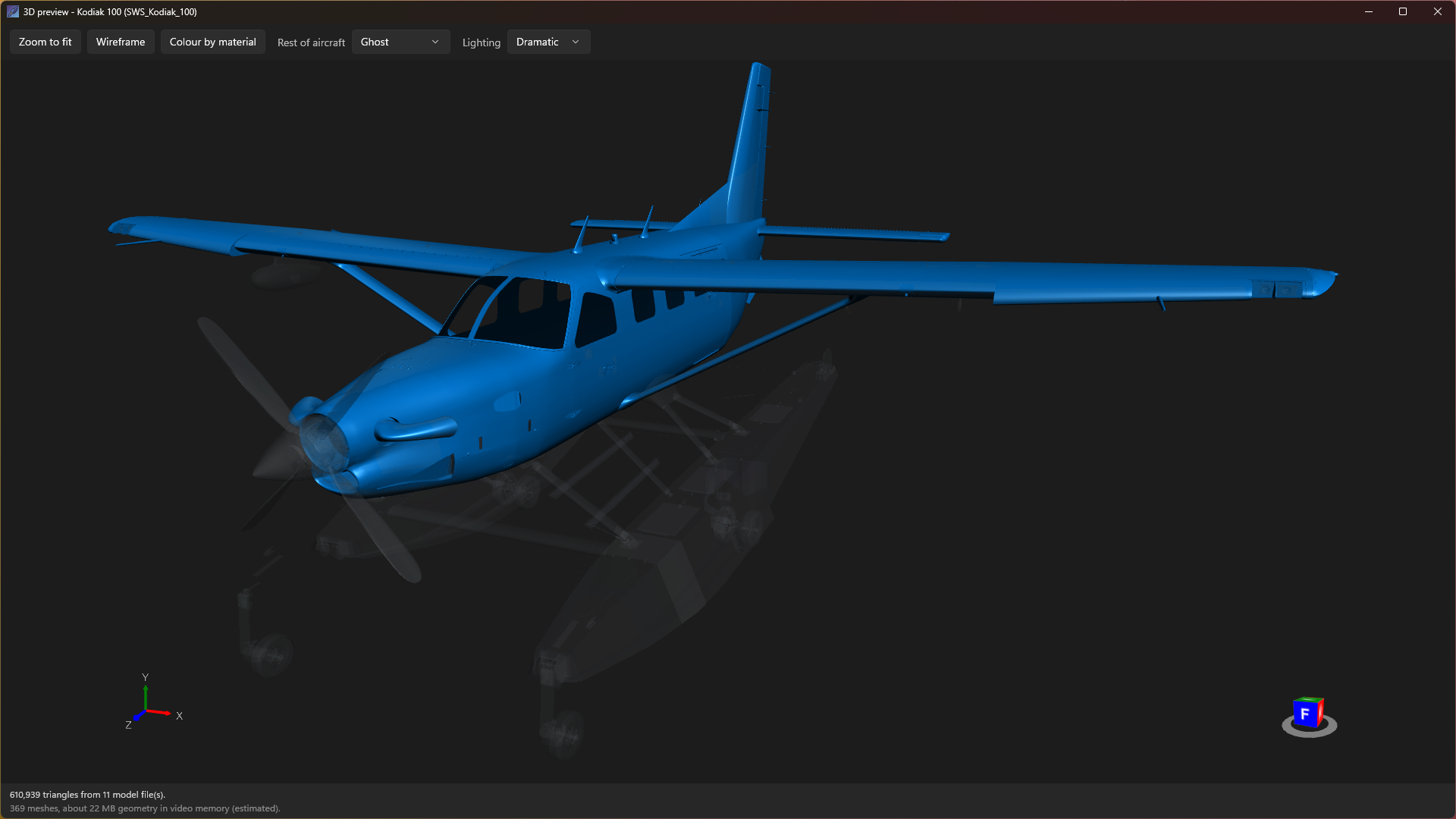 The 3D preview window, showing the parts covered by the selected textures picked out against the rest of the aircraft