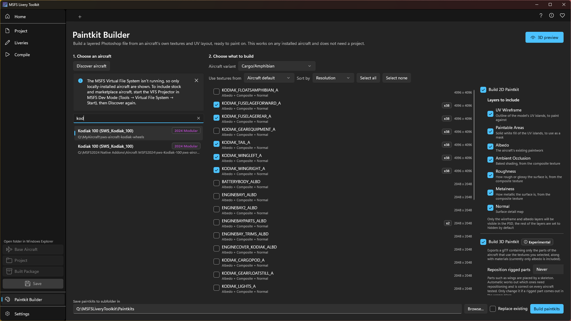 The Paintkit Builder page, showing the aircraft list, the texture list, the build options and the 3D preview button