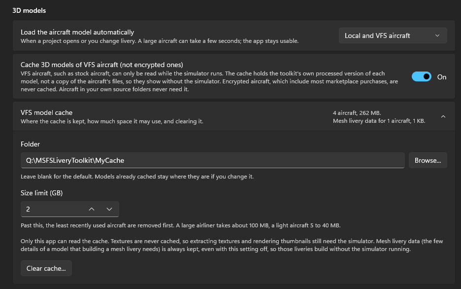 The VFS model cache settings: the switch, then the cache's folder, size limit and Clear cache button