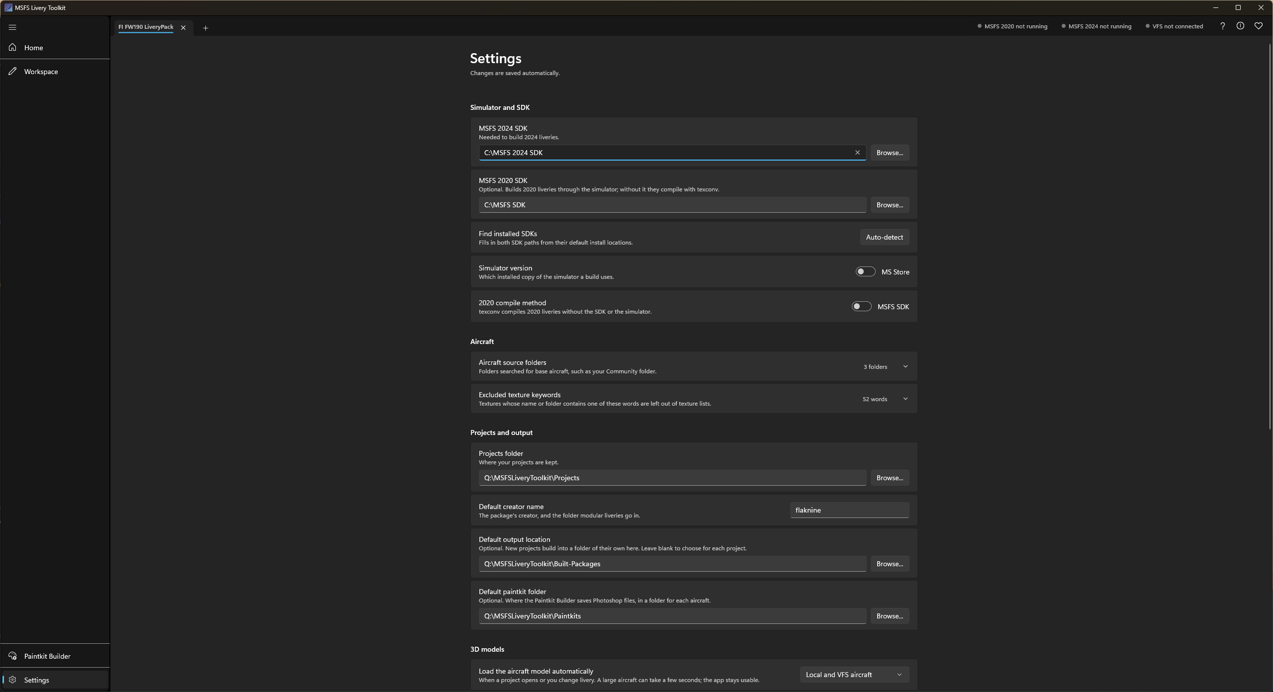 The Settings page, starting with Simulator and SDK