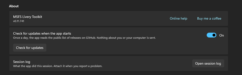 Settings' About group: the app's version, the update check and the session log