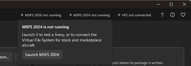 A simulator chip's menu, with a button to launch MSFS 2024