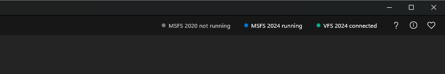 The status chips at the top right: MSFS 2020 not running, MSFS 2024 running, VFS 2024 connected