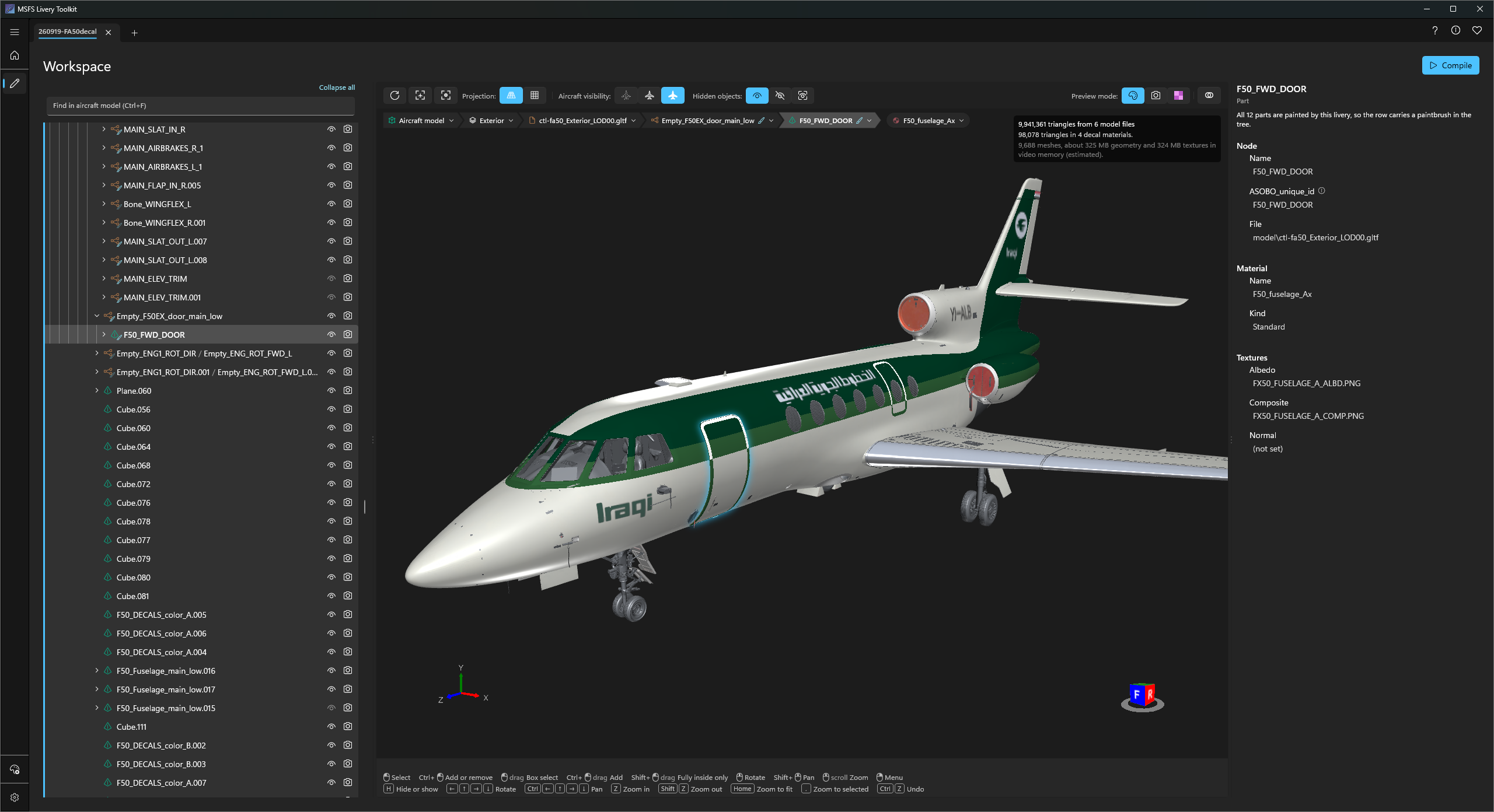The viewport with a part selected: outlined on the aircraft, its row revealed in the tree and its details on the right