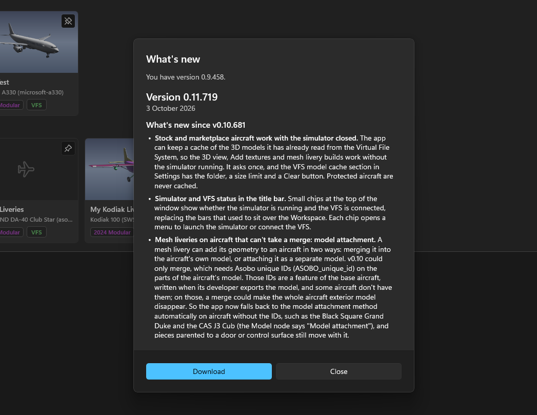 The What's new dialog, listing what changed in the newer release