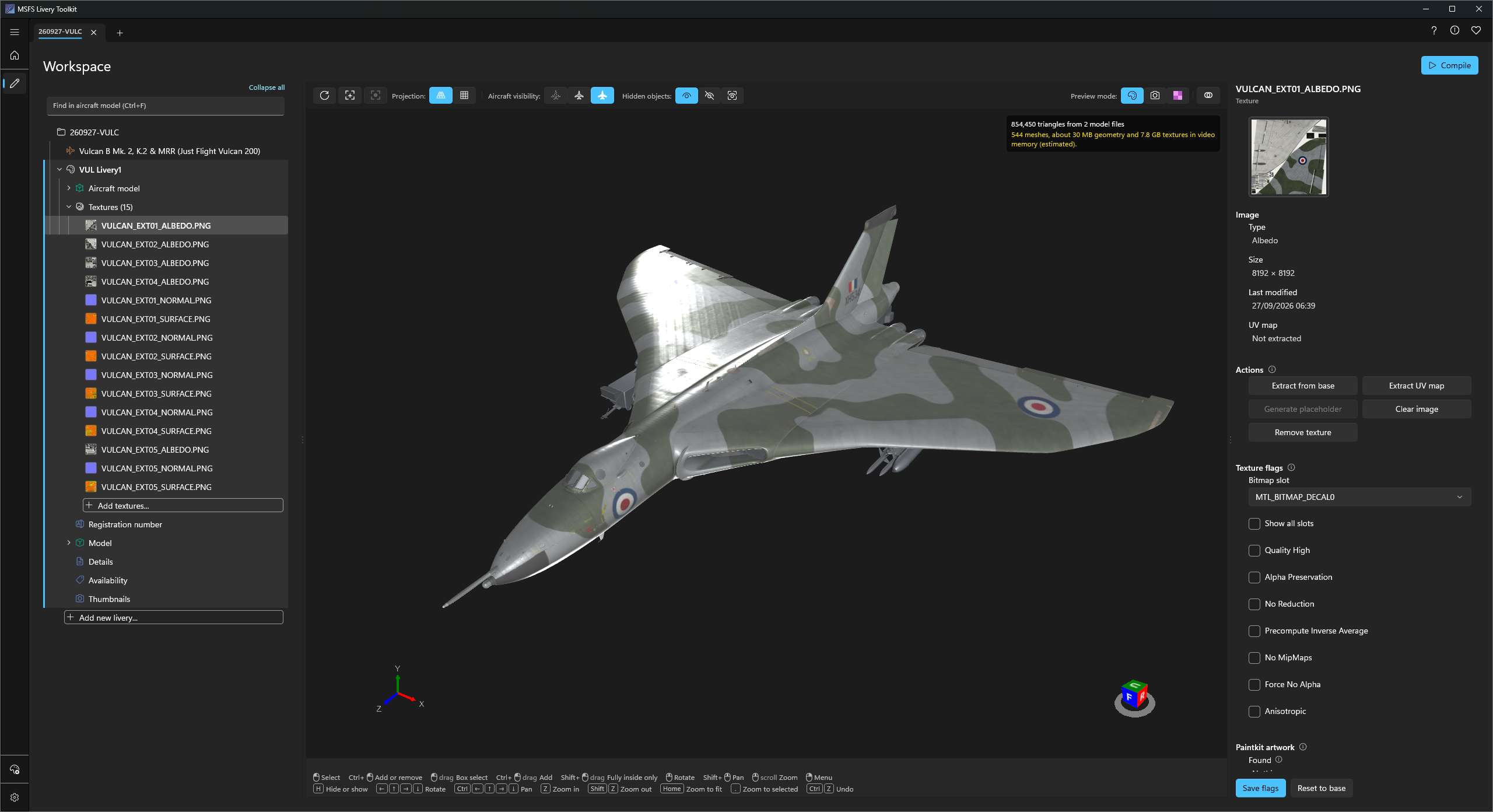 The Workspace with a livery loaded: the project tree on the left, the aircraft in the middle and the selected texture's properties on the right